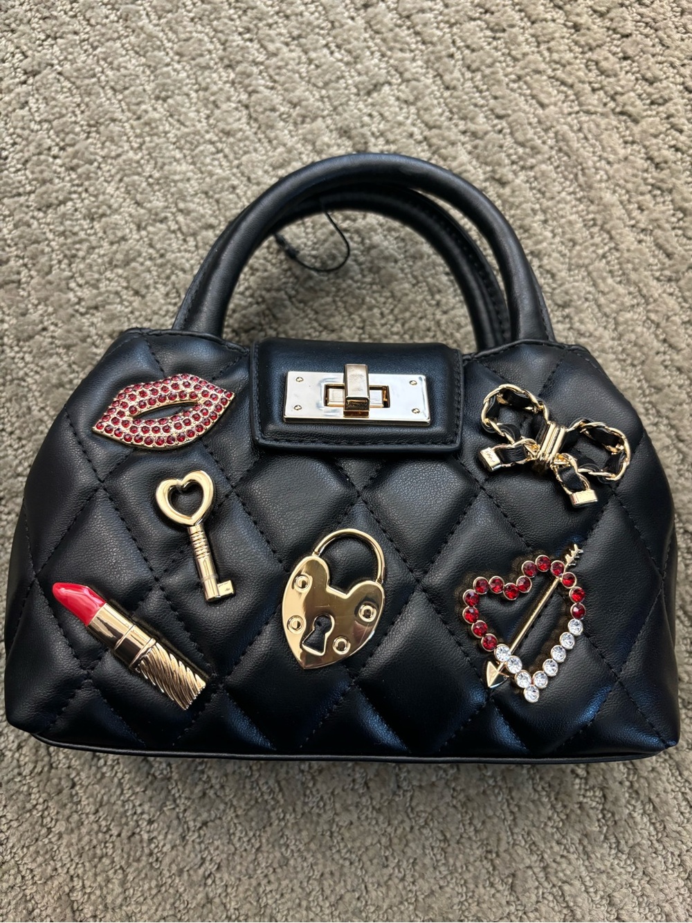 ALDO Black Quilted Satchel with Gold Charms - Women Bags